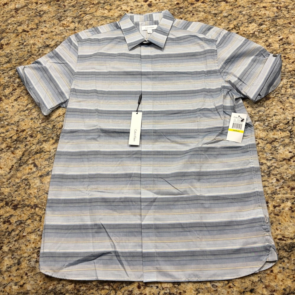 NEW Calvin Klein Mens Blue Grey Yellow Striped Short Sleeve Button Down M ws
